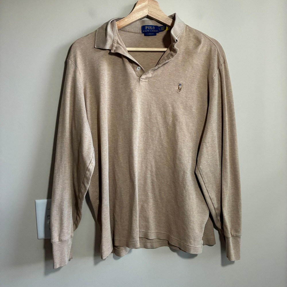 Polo Ralph Lauren Classic Fit Long Sleeve Polo Large Tan Mens Cotton Pony Logo